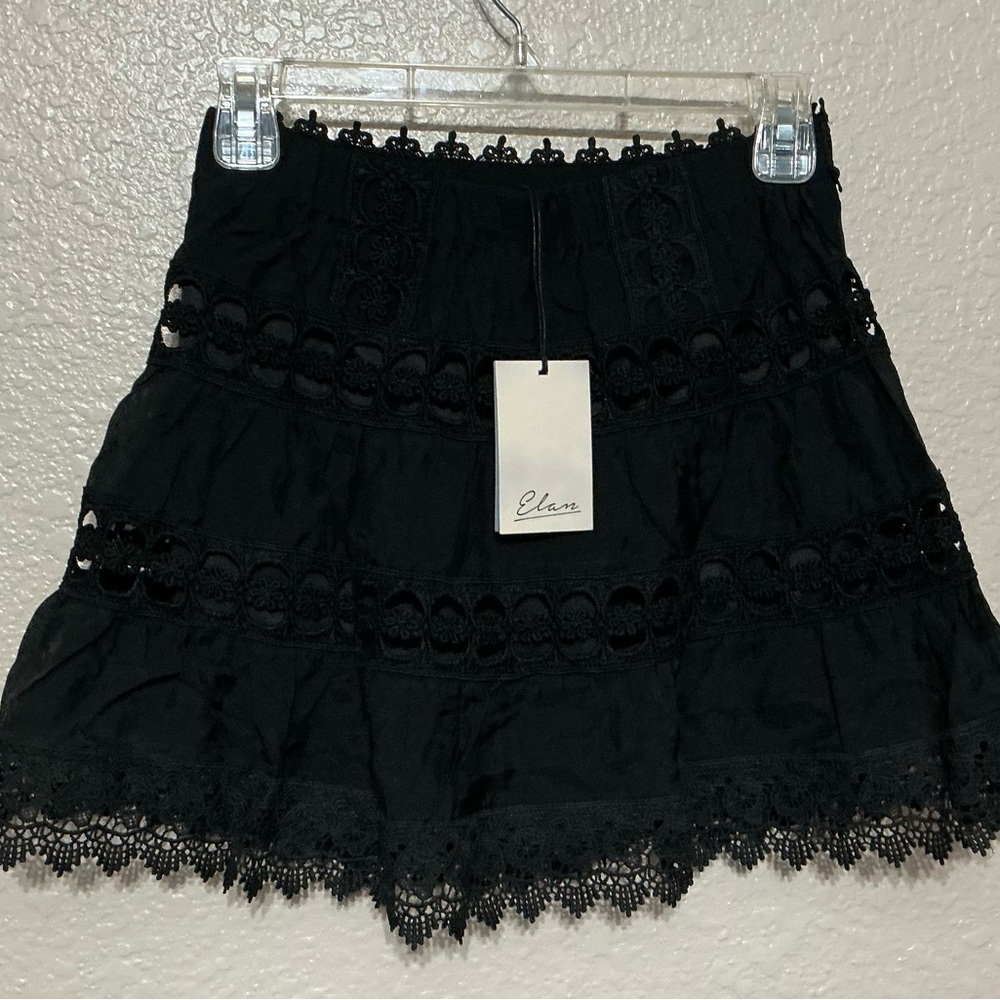 Elan Elegant Black Lace Embellished Mini Skirt
